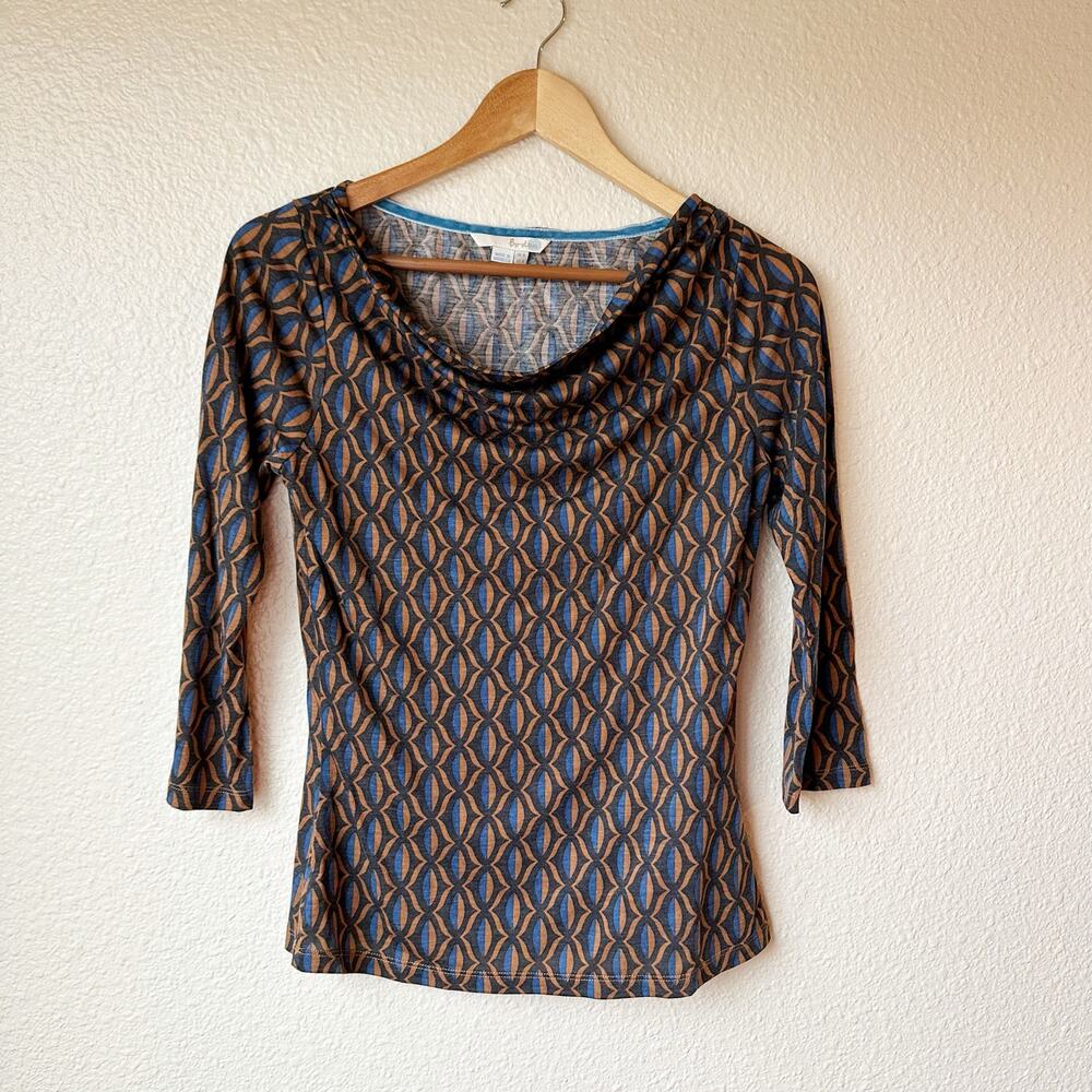 Boden Womens US 4 Blue Geo Pattern Cowl Neck Lyocell Wool Blend Top WL851